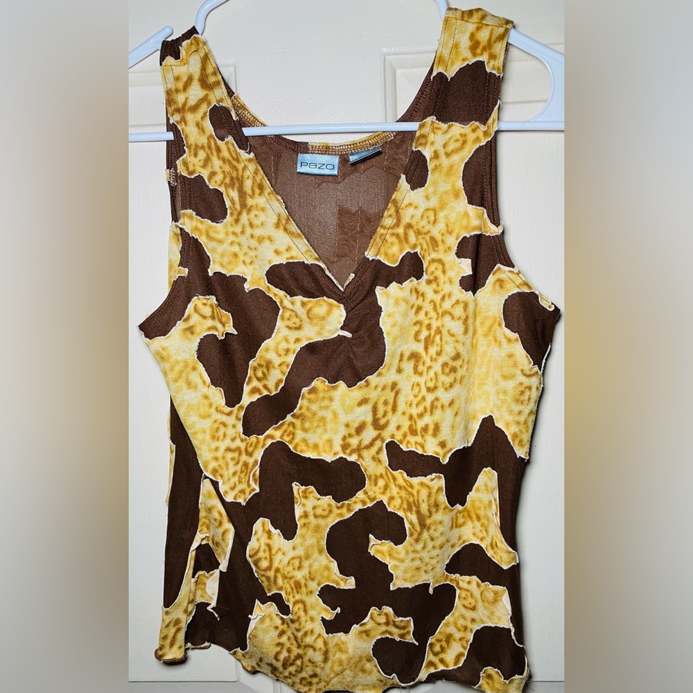 Pazo‎ Camo Cow Leopard Print Pattern Ruffle Tank Blouse Top, M